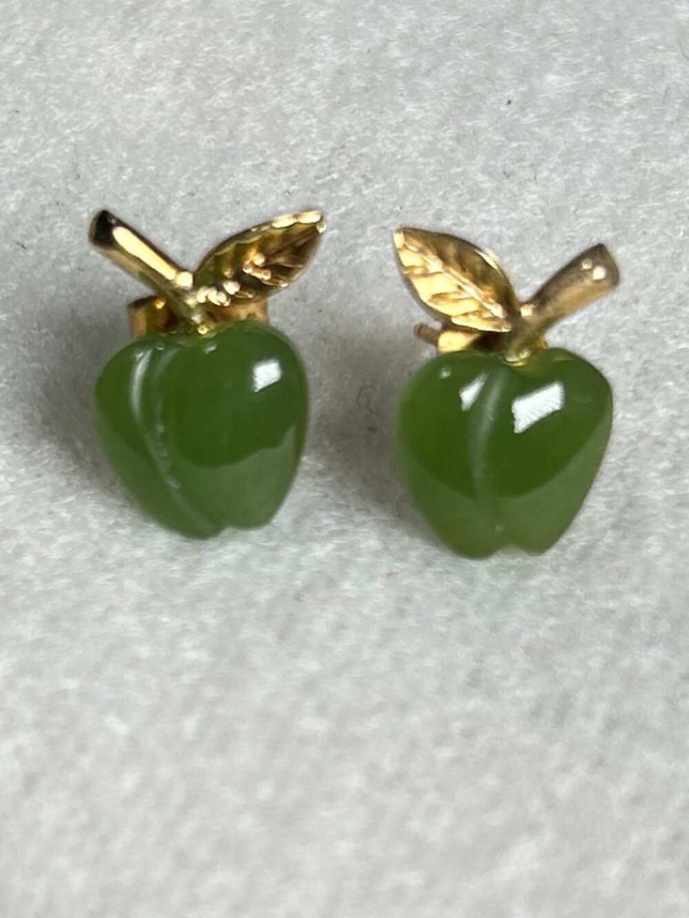 Dainty Gold Tone Green Jade Glass Apple Stud Earrings